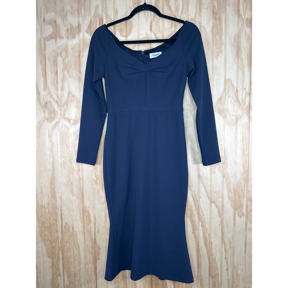Lumier by Bariano Dark Blue Bodycon Cocktail Dress XS Quiet Luxury Romantic Midi - Picture 3 of 7